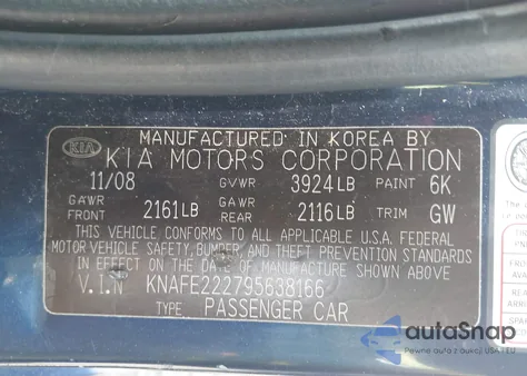 2009 Kia Spectra Ex from USA, damaged, VIN KNAFE222795638166